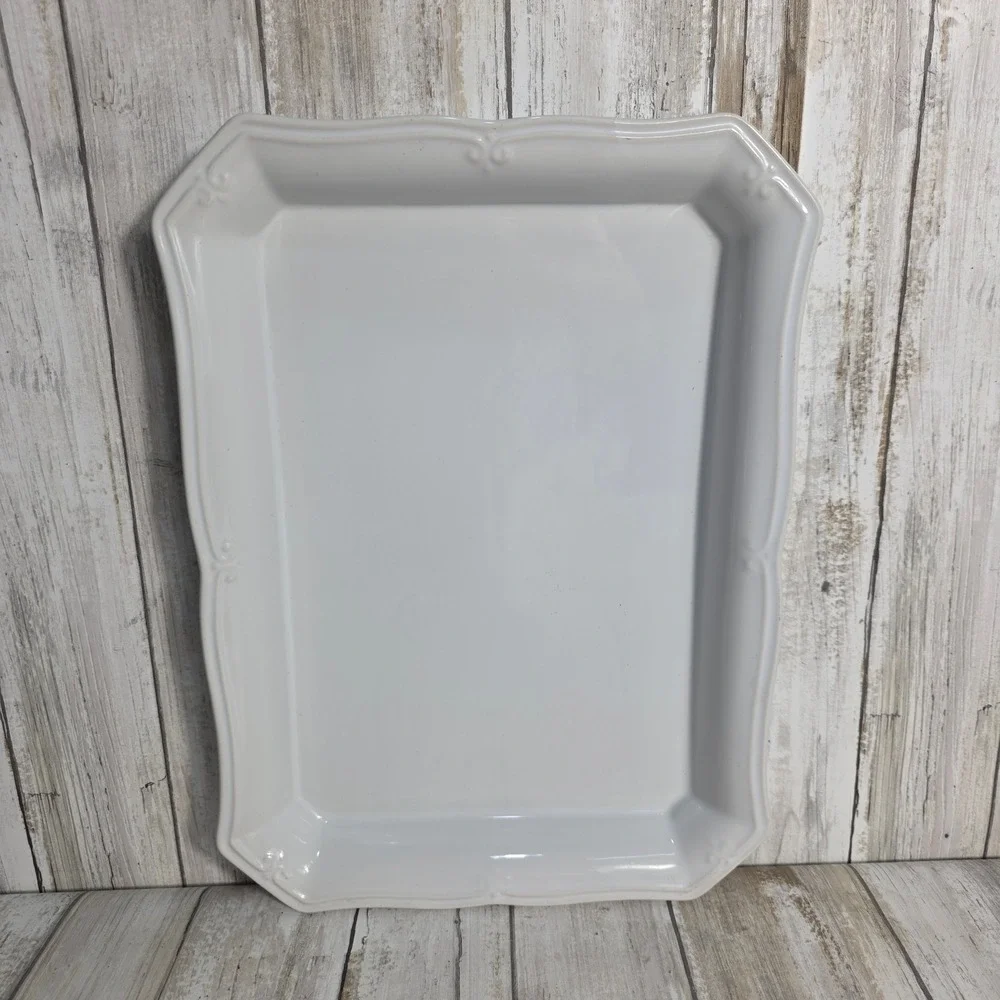 Worldwide Home Products White Ceramic Rectangular Serving Platter Scroll Border